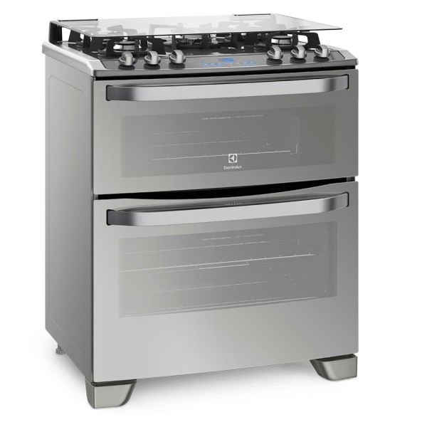 Encontraproduto.com.br - Fogão 5 Bocas Electrolux Prata com Mesa de Vidro e Forno Duplo (76DXV)