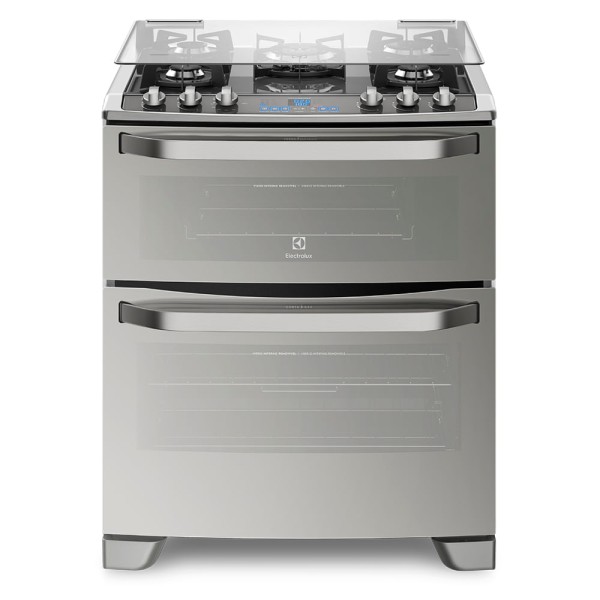 Encontraproduto.com.br - Fogão 5 Bocas Electrolux Prata com Mesa de Vidro e Forno Duplo (76DXV)