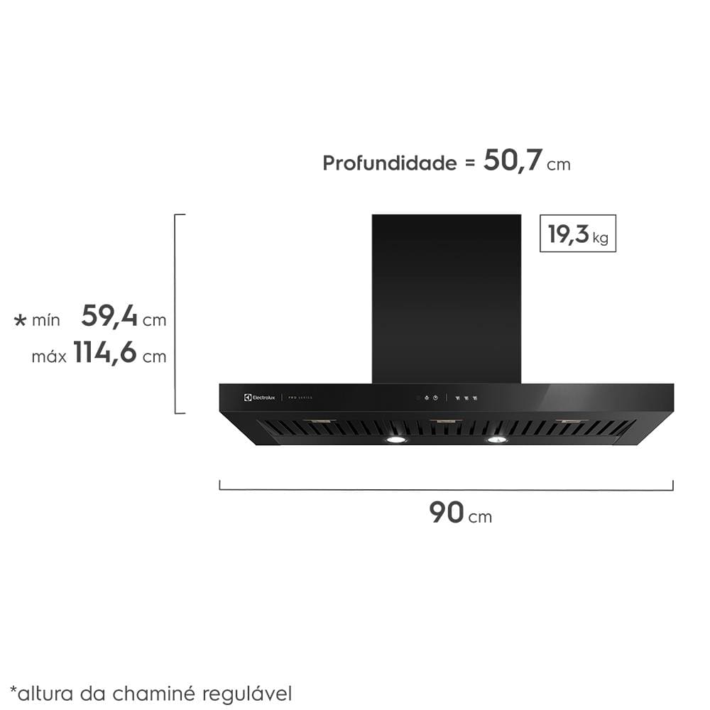 Encontraproduto.com.br - Coifa de Parede Electrolux 90cm Preta Pro Series com Painel Touch e Filtro Baffle (90CTV)
