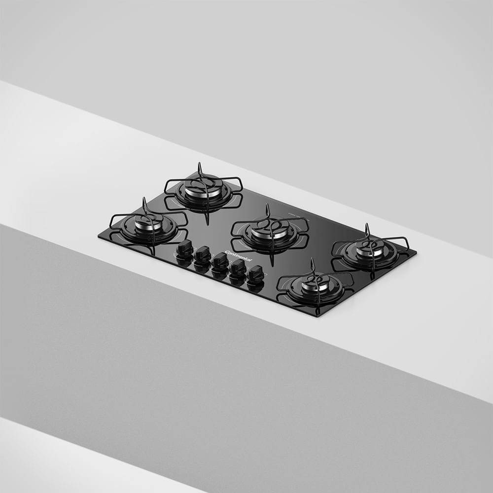 Encontraproduto.com.br - Cooktop 5 Bocas Continental a Gás de Vidro  Temperado Preto (KC5GP)