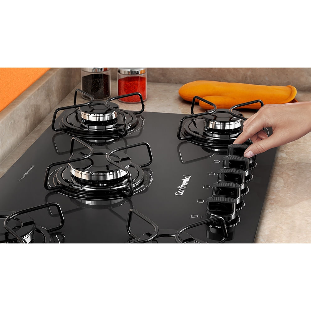Encontraproduto.com.br - Cooktop 5 Bocas Continental a Gás de Vidro  Temperado Preto (KC5GP)