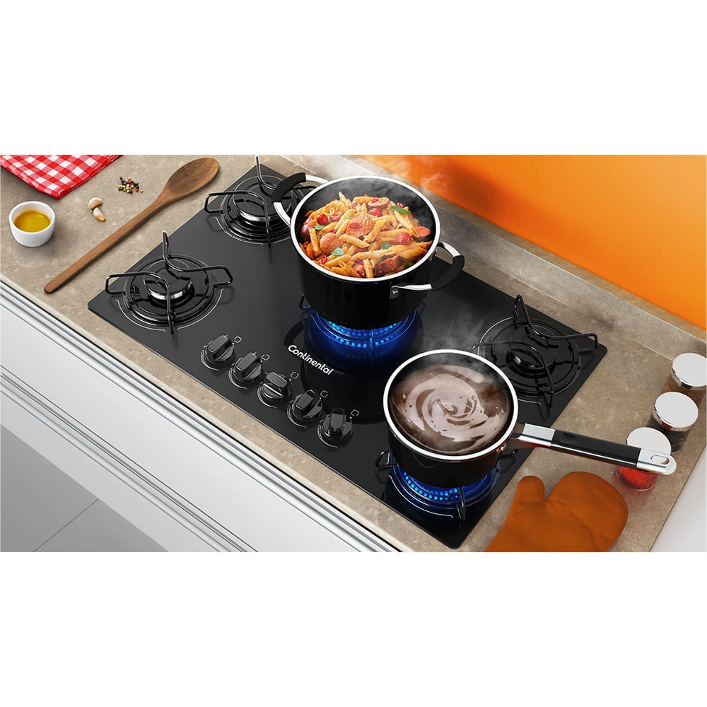 Encontraproduto.com.br - Cooktop 5 Bocas Continental a Gás de Vidro  Temperado Preto (KC5GP)