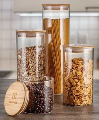 Encontraproduto.com.br - Potes Herméticos Porta-Mantimentos com Tampa de Bambu