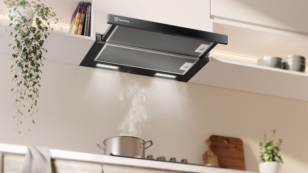 Encontraproduto.com.br - Depurador de Ar Electrolux 60cm Retrátil Preto Efficient com Luz de Led (DE6RP)