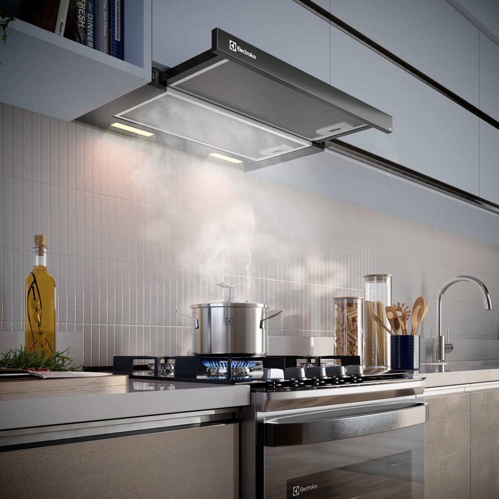 Encontraproduto.com.br - Depurador de Ar Electrolux 60cm Retrátil Preto Efficient com Luz de Led (DE6RB)