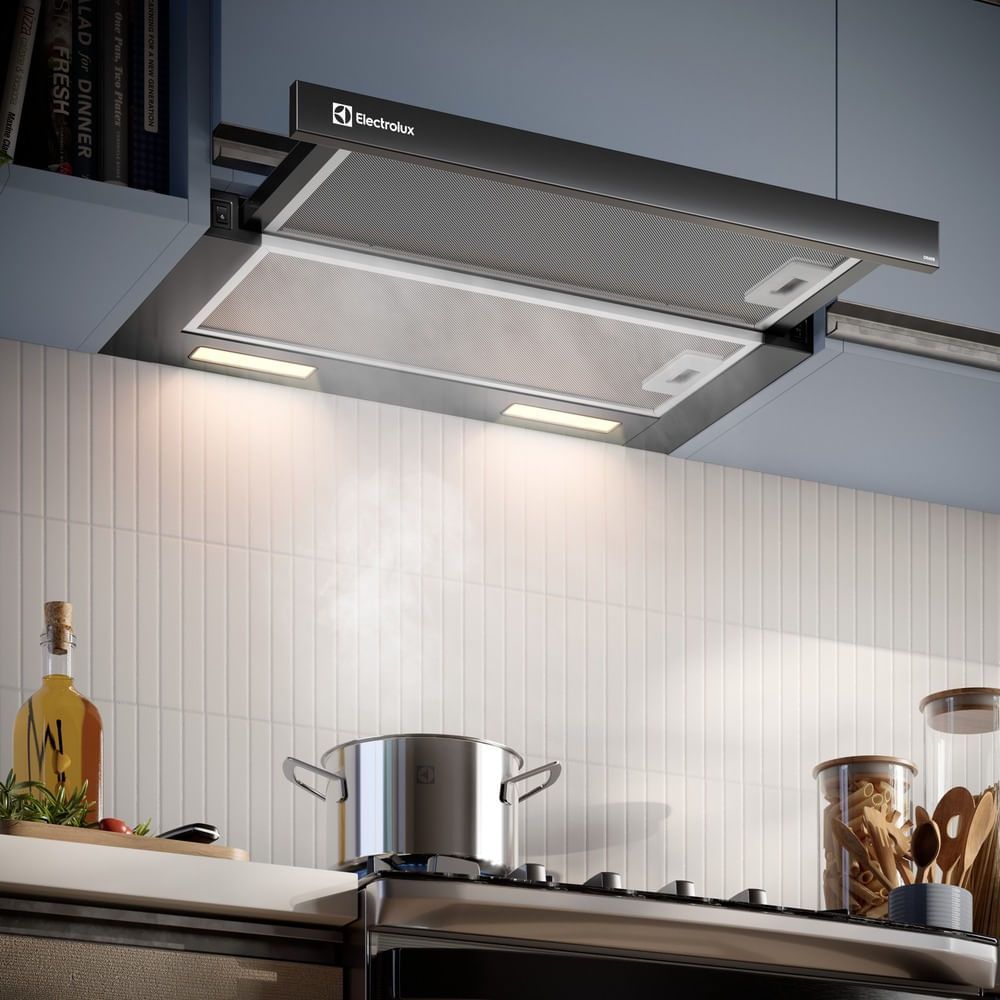 Encontraproduto.com.br - Depurador de Ar Electrolux 60cm Retrátil Preto Efficient com Luz de Led (DE6RB)