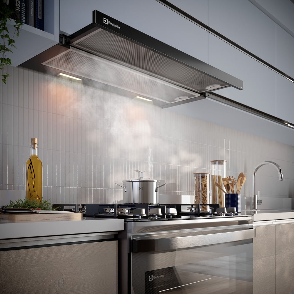 Encontraproduto.com.br - Depurador de Ar Electrolux 90cm Retrátil Preto Efficient com Luz de Led (DE9RB)