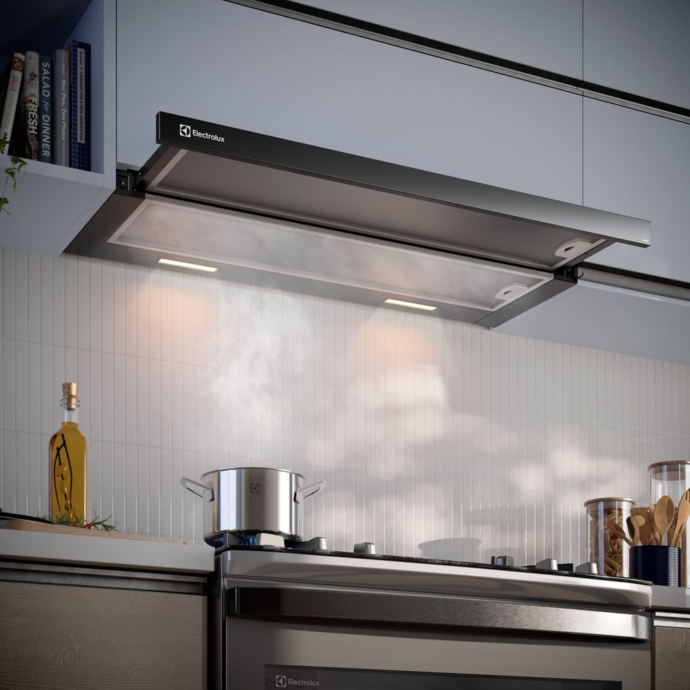Encontraproduto.com.br - Depurador de Ar Electrolux 90cm Retrátil Preto Efficient com Luz de Led (DE9RB)