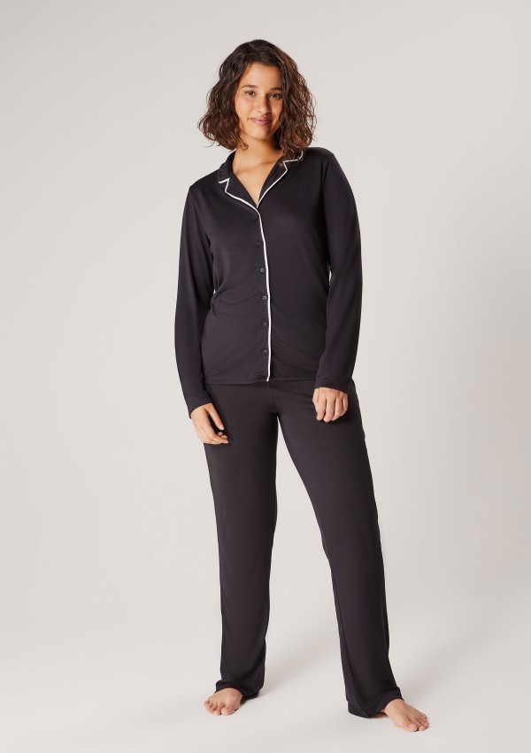 Pijama Longo Feminino Com Botões - Preto