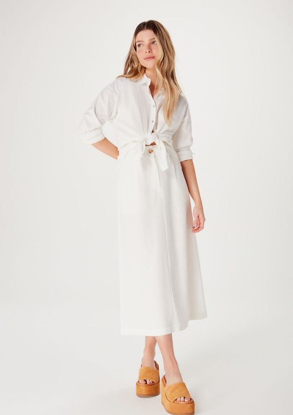 Encontraproduto.com.br - Saia Midi Evasê Cintura Alta Com Linho - Off White