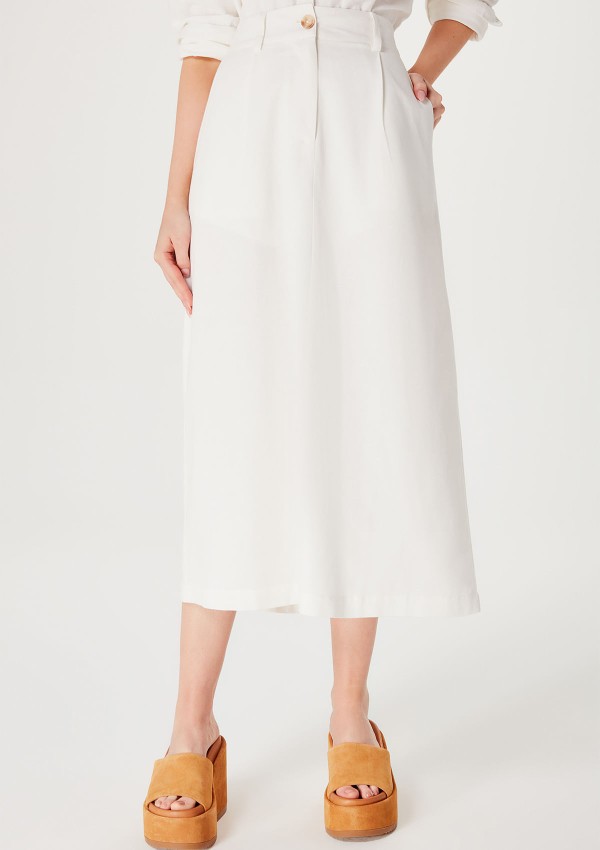 Encontraproduto.com.br - Saia Midi Evasê Cintura Alta Com Linho - Off White