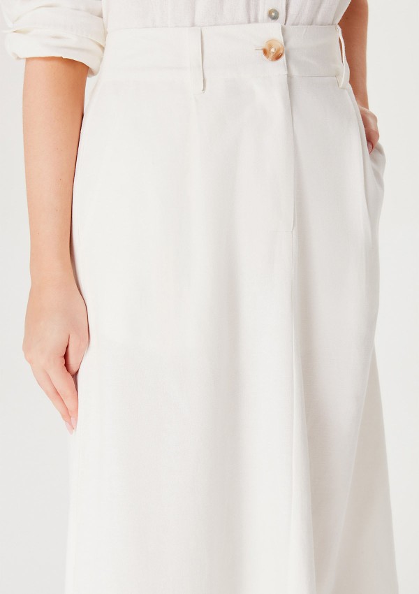Encontraproduto.com.br - Saia Midi Evasê Cintura Alta Com Linho - Off White