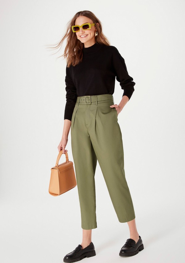 Calça Feminina Reta Cintura Alta Com Cinto - Verde