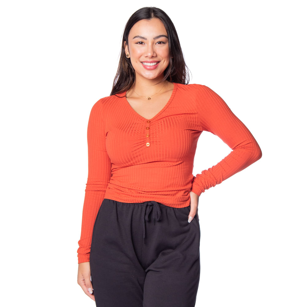 Blusa Feminina Cativa Canelada com Botões Laranja