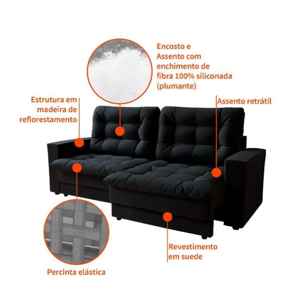 Encontraproduto.com.br - Sofá 3 Lugares Retrátil Lubeck Plush Suede Preto