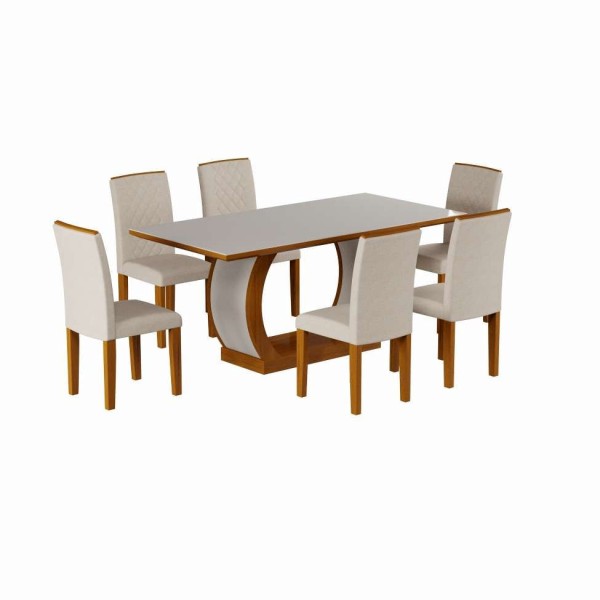 Encontraproduto.com.br - Conjunto de Mesa de Jantar com Vidro e 6 Cadeiras Eva I Veludo Imbuia e Creme