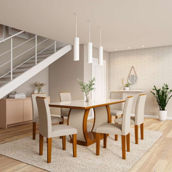 Conjunto de Mesa de Jantar com Vidro e 6 Cadeiras Eva I Veludo Imbuia e Creme