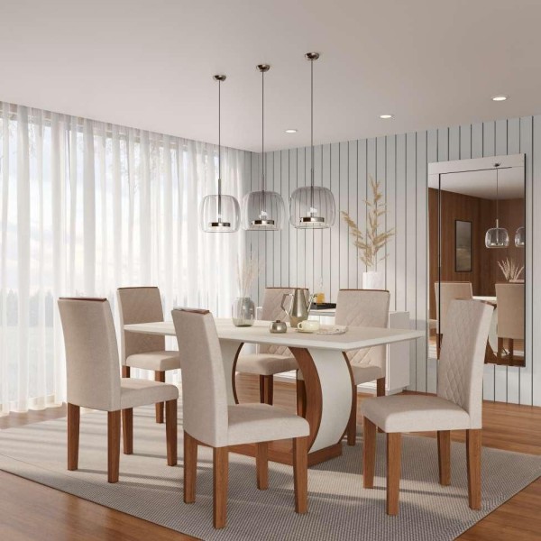 Conjunto de Mesa de Jantar com 6 Cadeiras Estofadas Emily I Veludo Off White e Creme