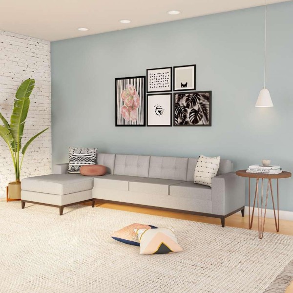 Encontraproduto.com.br - Sofá 4 Lugares Happy com Chaise Esquerdo Pés e Base em Madeira Linho Cotton Cru