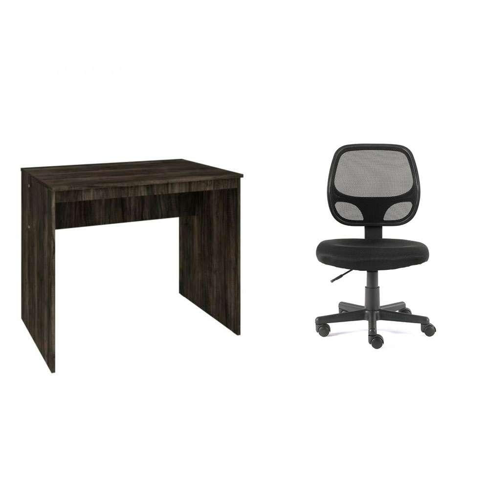 Conjunto de Mesa Office Carvalho Dark com Cadeira de Escritório Secretária Giratória Oxford Preta