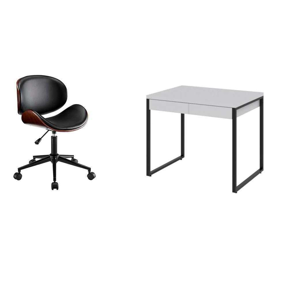 Conjunto de Mesa Kuadra 2 GV Branca com Cadeira de Escritório Diretor Giratória Bergen Preta