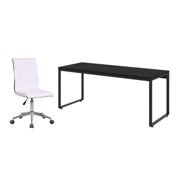 Conjunto de Mesa Kuadra Preta com Cadeira de Escritório Secretária Giratória Marilyn Branca