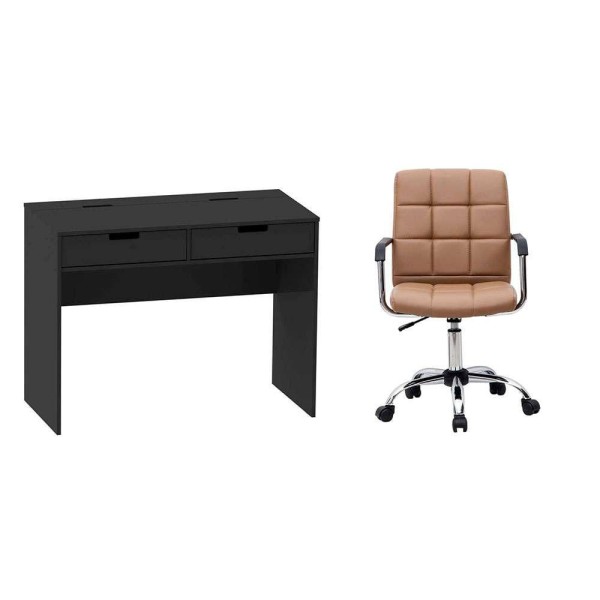 Encontraproduto.com.br - Conjunto de Mesa New Preta com Cadeira de Escritório Secretária Giratória Fitz Marrom