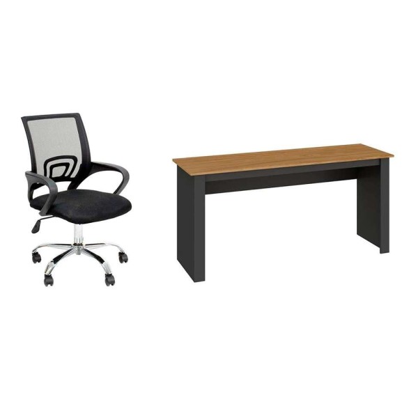 Conjunto de Mesa Liz Nogal e Grafite com Cadeira de Escritório Secretária Giratória Javix Preta