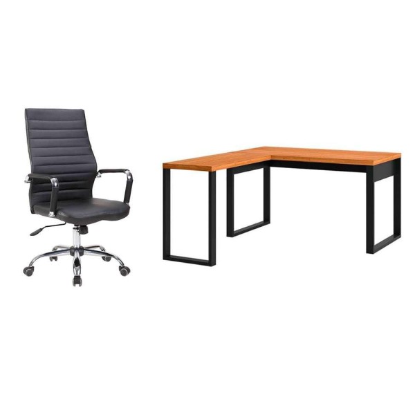 Encontraproduto.com.br - Conjunto de Mesa em L Anah Freijó com Cadeira de Escritório Diretor Giratória Cleaner Preta