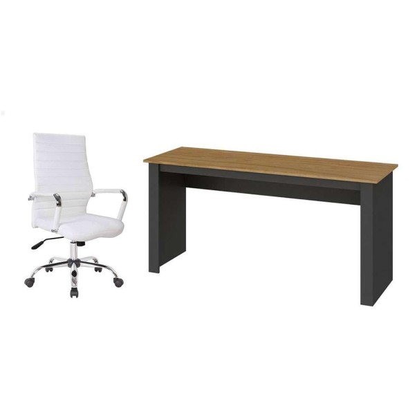 Encontraproduto.com.br - Conjunto de Mesa Liz Nogal e Grafite com Cadeira de Escritório Diretor Giratória Cleaner Branca