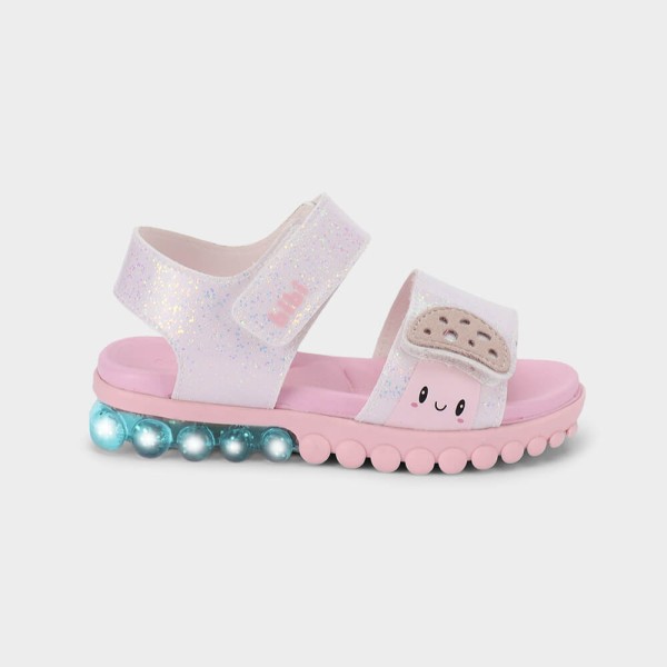 Sandália Infantil de Luz Bibi Summer Roller Light Branca com Brilhos de Cogumelo