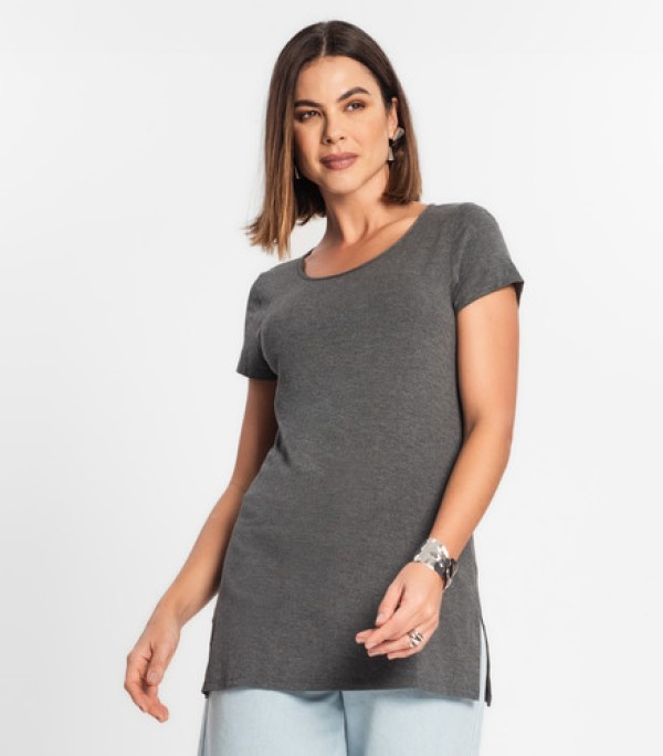 Encontraproduto.com.br - Blusa Básica Alongada Feminina Rovitex Cinza