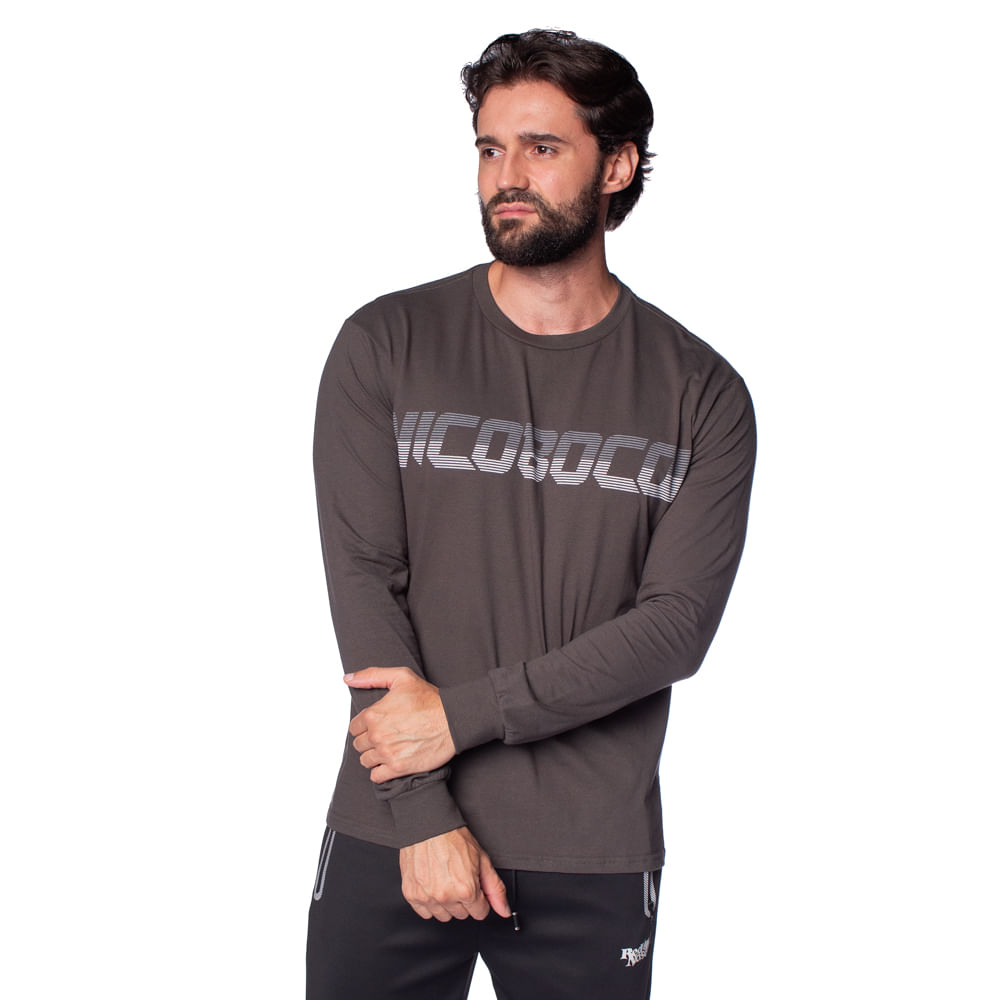 Camiseta Masculina Nicoboco Manga Longa com Estampa Cinza Escuro