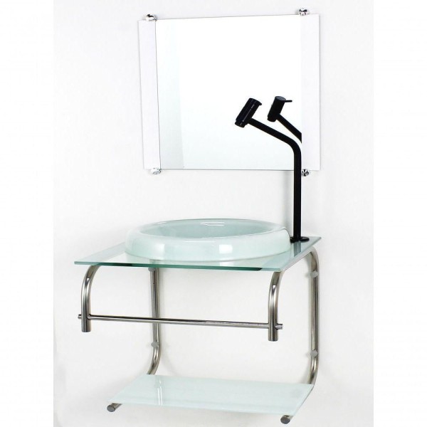 Encontraproduto.com.br - Gabinete De Vidro 40cm Inox Com Cuba Chapeu Branco