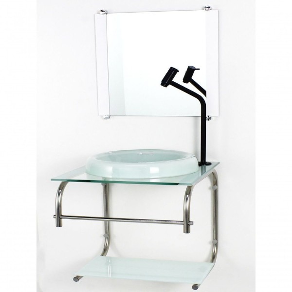 Encontraproduto.com.br - Gabinete De Vidro 40cm Inox Com Cuba Chapeu Branco