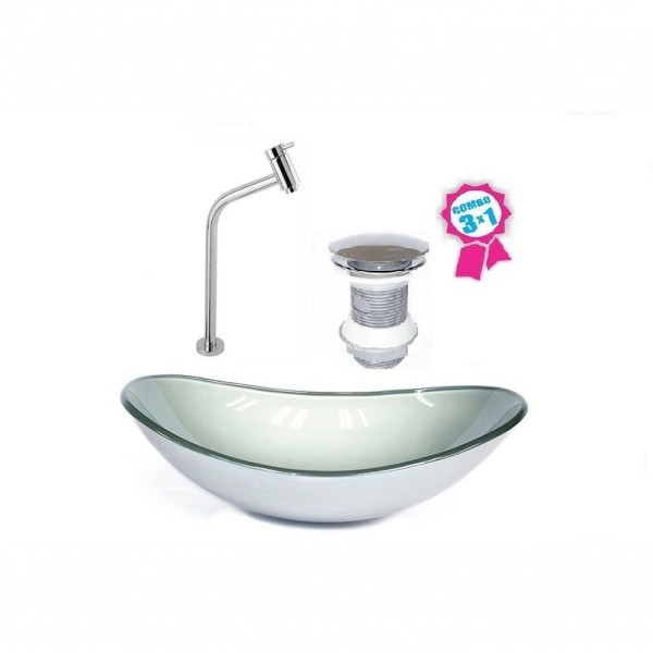 Cuba De Vidro Oval 55cm Prata Válvula Click Torneira Metal