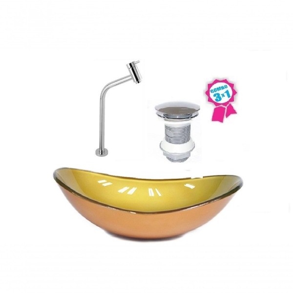 Cuba De Vidro Oval 55cm Dourado Real Válvula Click Torneira