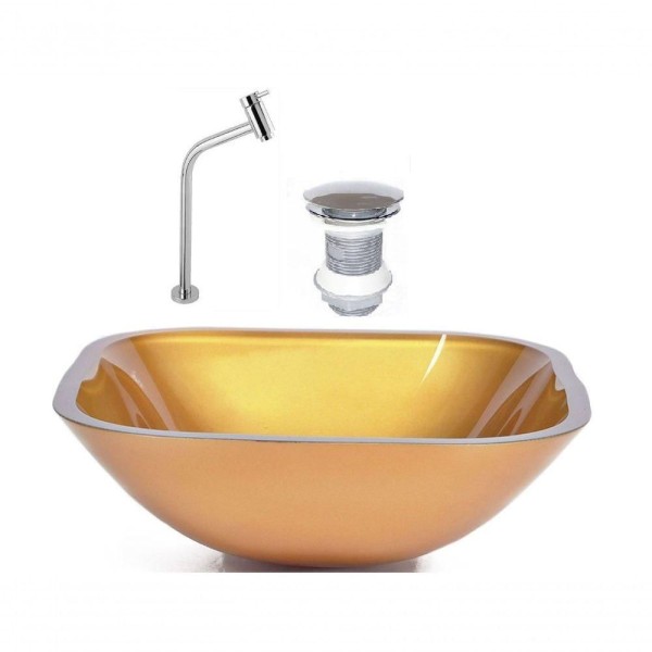 Encontraproduto.com.br - Cuba de Vidro Quadrada 35cm Dourado Real + Valvula + Torneira