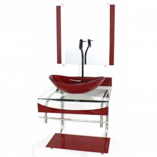 Gabinete Duplo Inox Cuba Oval Vermelho C/Torneira Preta
