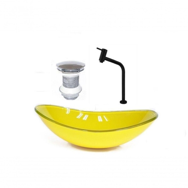 Cuba de Vidro Oval 55cm Amarela + Valvula + Torneira Preta