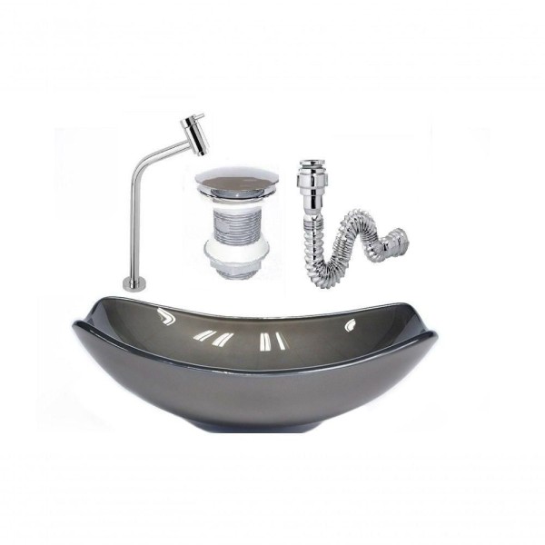 Cuba De Vidro Oval Chanfrada 46Cm Grafite + Valvula + Torneira + Sifao