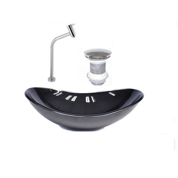 Kit Cuba Vidro Oval 47cm Torneira E Válvula Preto