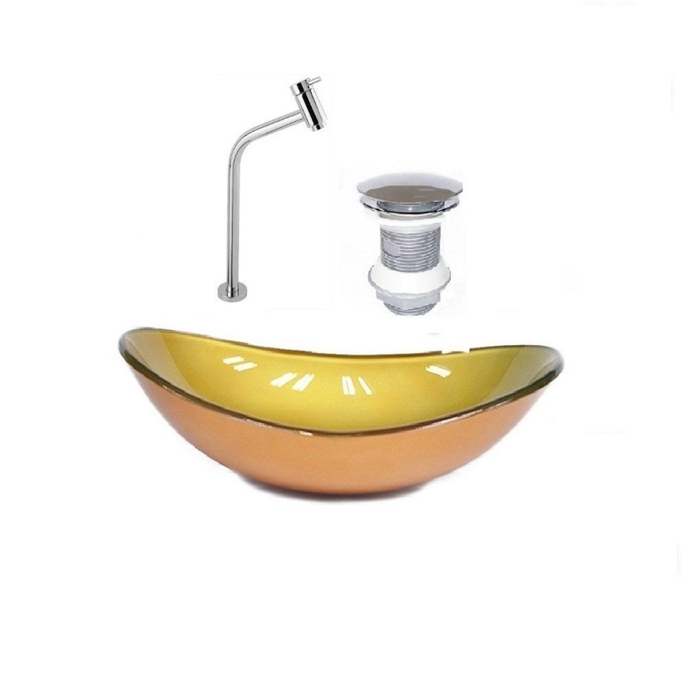Encontraproduto.com.br - Kit Cuba Vidro Oval 55cm Torneira E Válvula Dourado Real