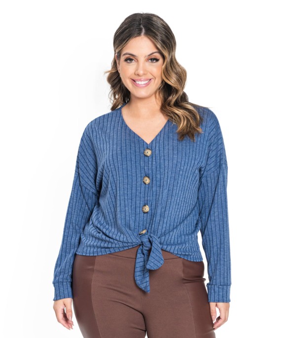Encontraproduto.com.br - Camisa Feminina Canelada Com Nó Secret Glam Azul