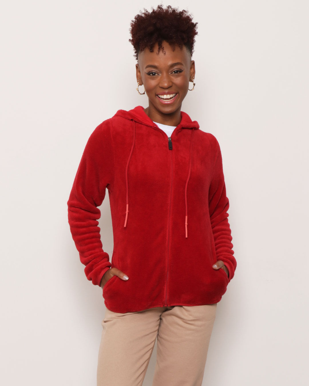 Encontraproduto.com.br - Casaco Feminino Com Zíper e Capuz Flannel Vermelho