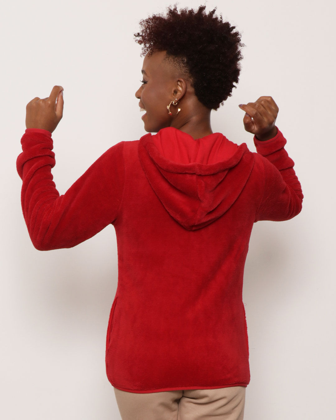 Encontraproduto.com.br - Casaco Feminino Com Zíper e Capuz Flannel Vermelho