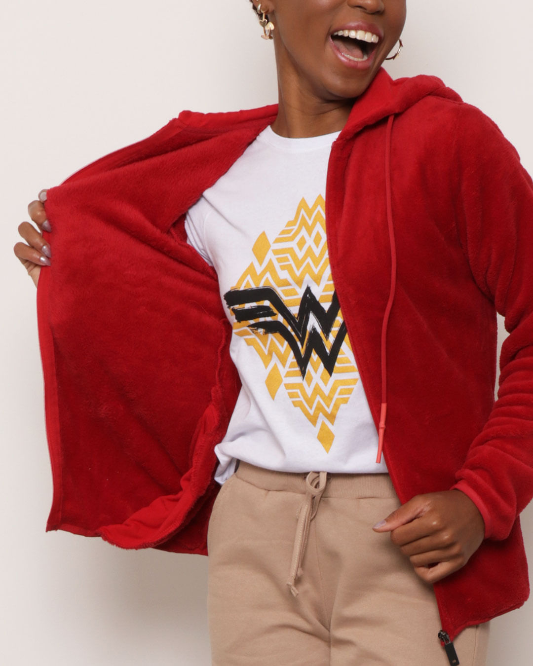 Encontraproduto.com.br - Casaco Feminino Com Zíper e Capuz Flannel Vermelho