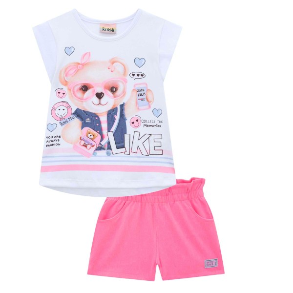 Encontraproduto.com.br - Conjunto Kukiê Infantil Ursinho Com Óculos Rosa Neon