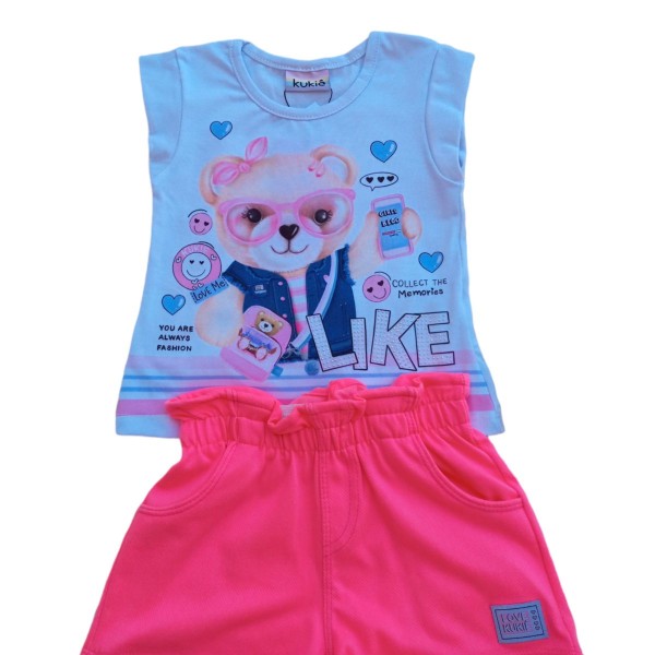 Encontraproduto.com.br - Conjunto Kukiê Infantil Ursinho Com Óculos Rosa Neon