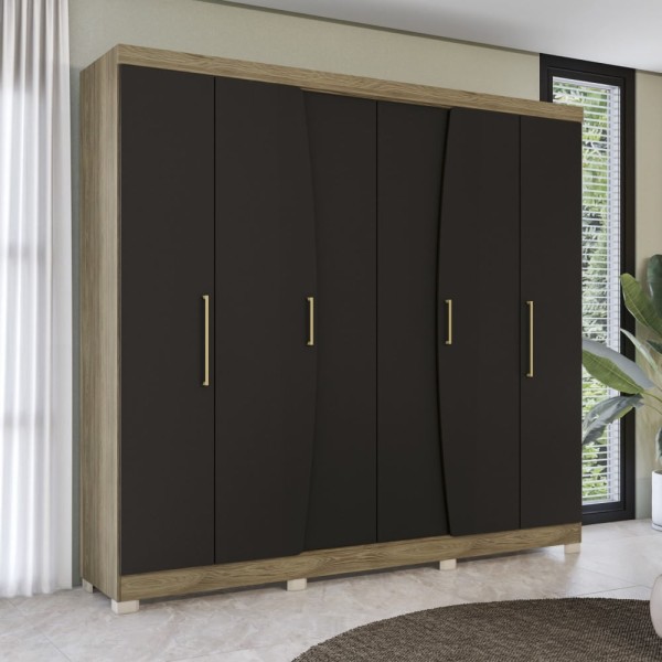 Encontraproduto.com.br - Guarda Roupa Casal 6 Portas E 3 Gavetas Open Cbpm556 C/ Pés Nogueira/preto Fosco - Kappesberg